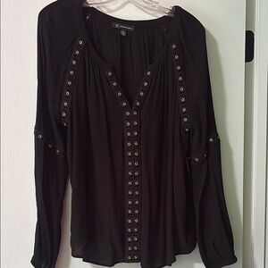 INC International Concepts Black Long Sleeve Embellished Blouse